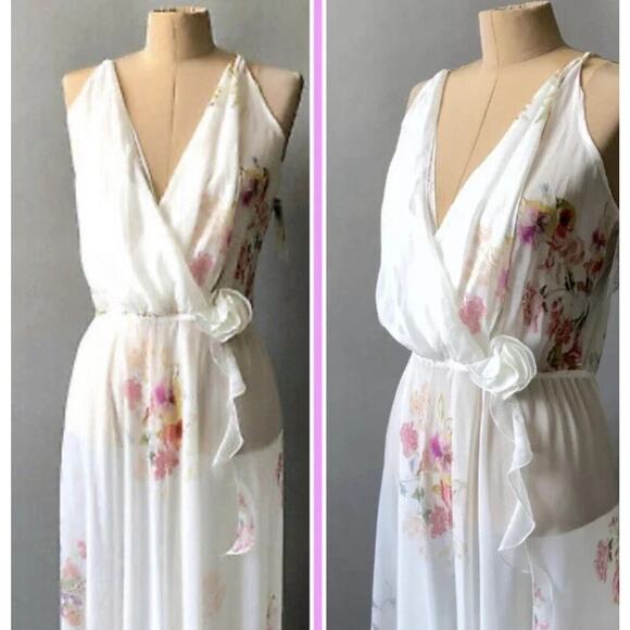 Anthro Flora Nikrooz Floral Chiffon Gown Nightie Slip Dress XS Peach Cream Pink - Picture 11 of 12